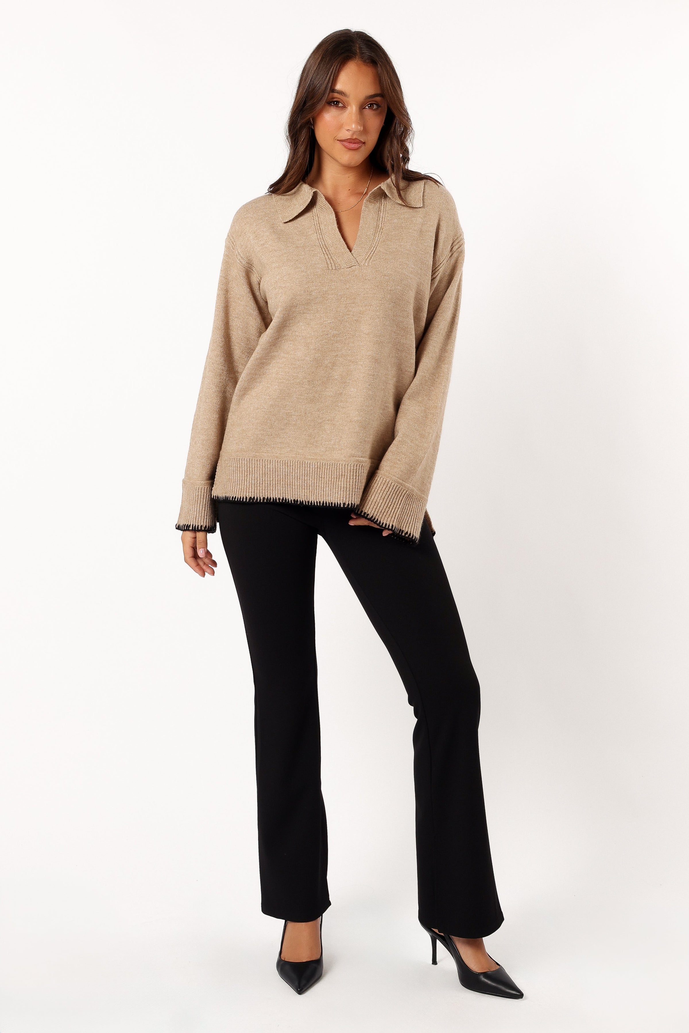KNITWEAR @Elise Contrast Hem Knit Sweater - Taupe