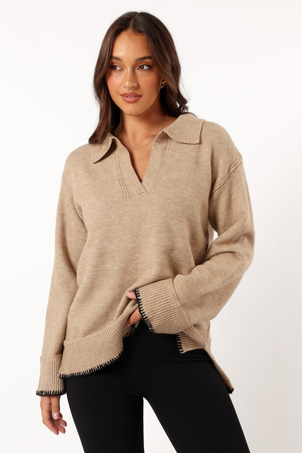 KNITWEAR @Elise Contrast Hem Knit Sweater - Taupe