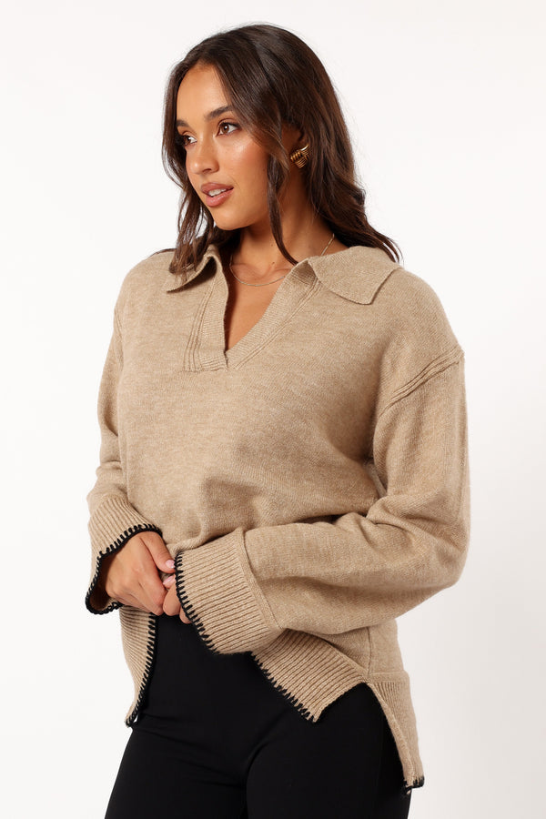 KNITWEAR @Elise Contrast Hem Knit Sweater - Taupe