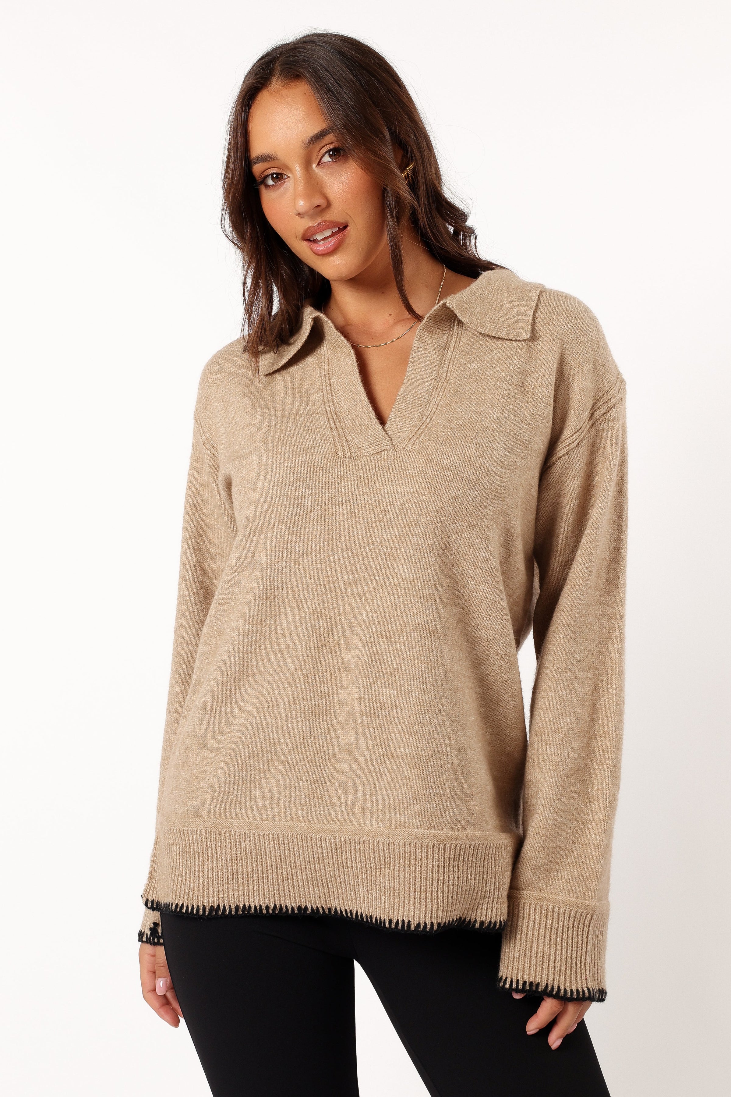 KNITWEAR @Elise Contrast Hem Knit Sweater - Taupe