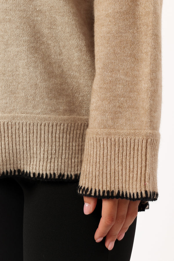 KNITWEAR @Elise Contrast Hem Knit Sweater - Taupe