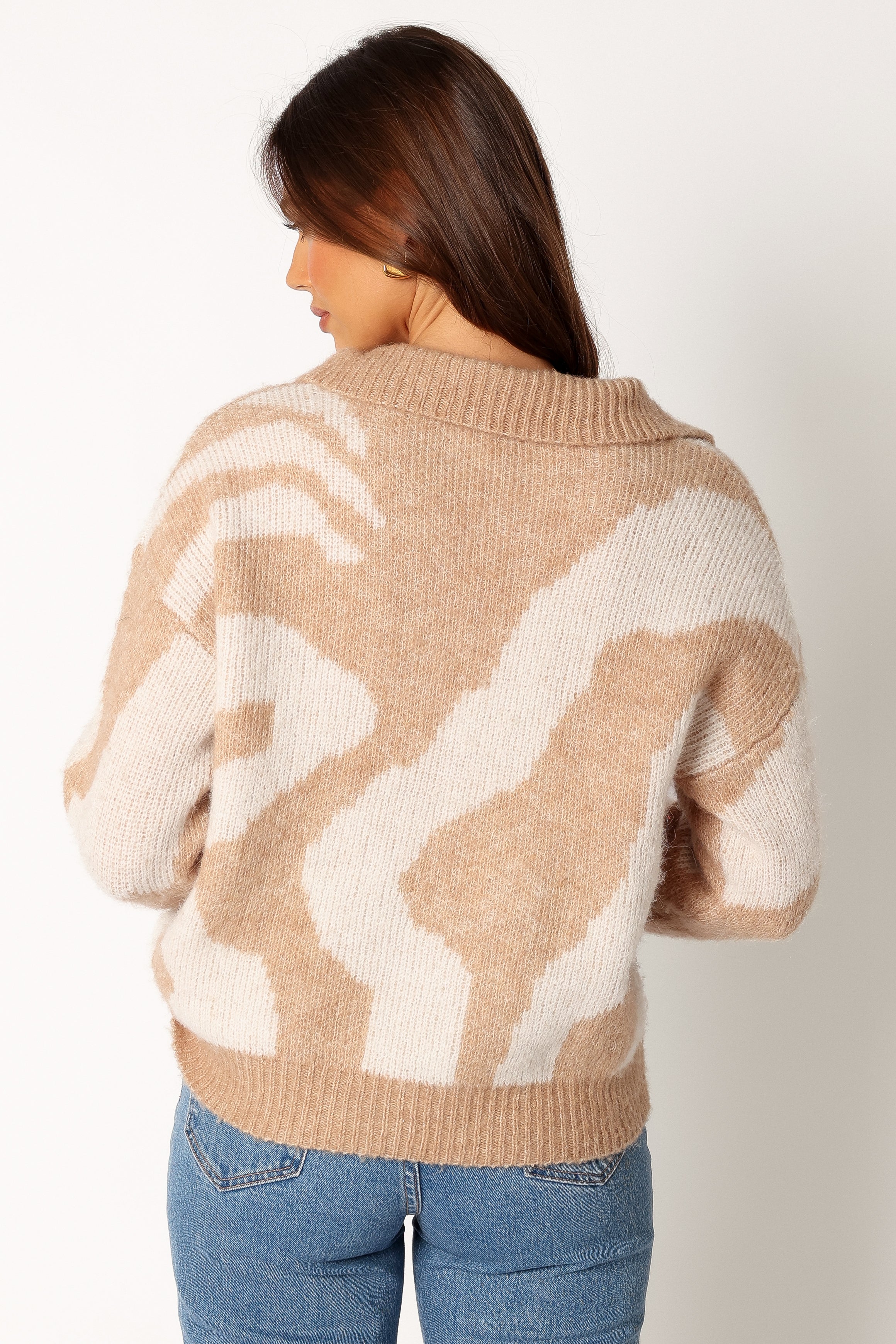 KNITWEAR @Elliana Collar Vneck Knit Sweater - Beige White