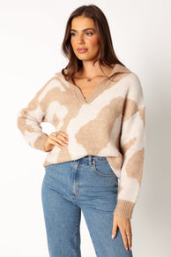 KNITWEAR @Elliana Collar Vneck Knit Sweater - Beige White