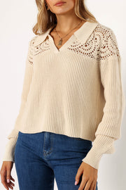 KNITWEAR @Emerie Crochet Detail Collar Knit Sweater - Ivory