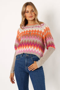 KNITWEAR @Emerson Fairisle Knit Sweater - Orange/Pink