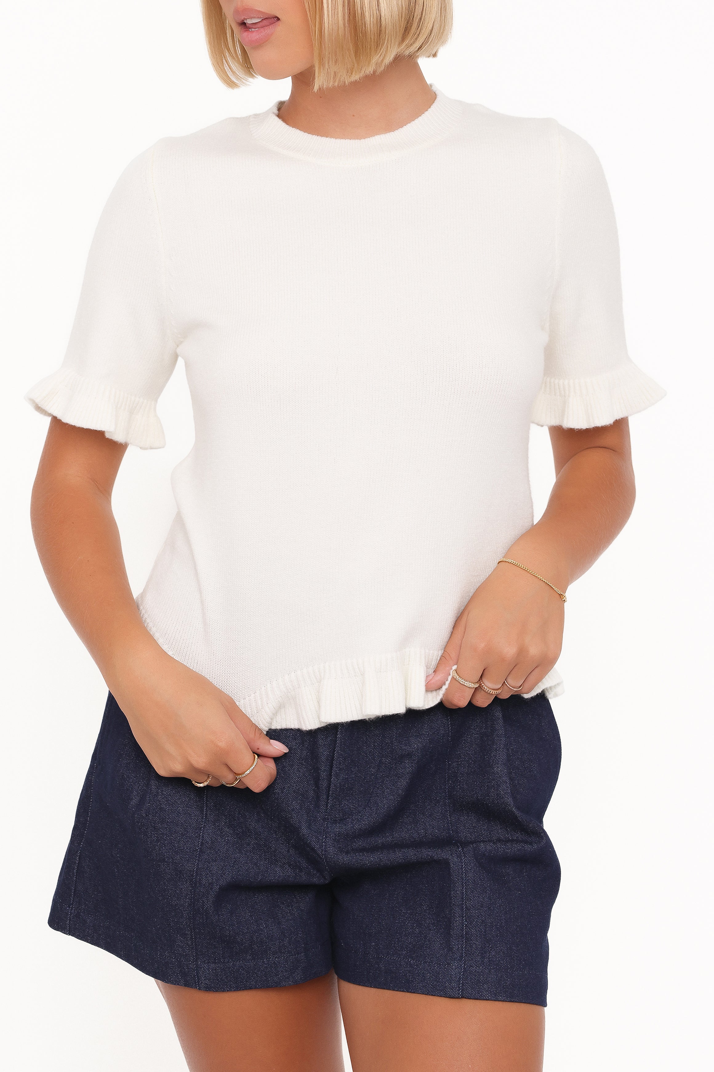 KNITWEAR Emilie Short Sleeve Ruffle Crew Sweater - Cream
