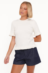 KNITWEAR Emilie Short Sleeve Ruffle Crew Sweater - Cream