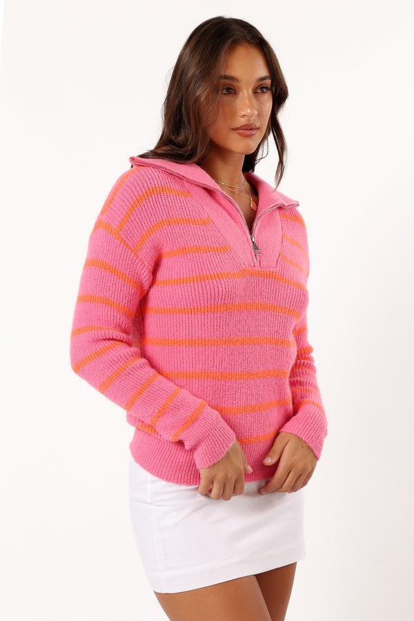 KNITWEAR @Everleigh Quarter Zip Striped Knit Sweater - Pink