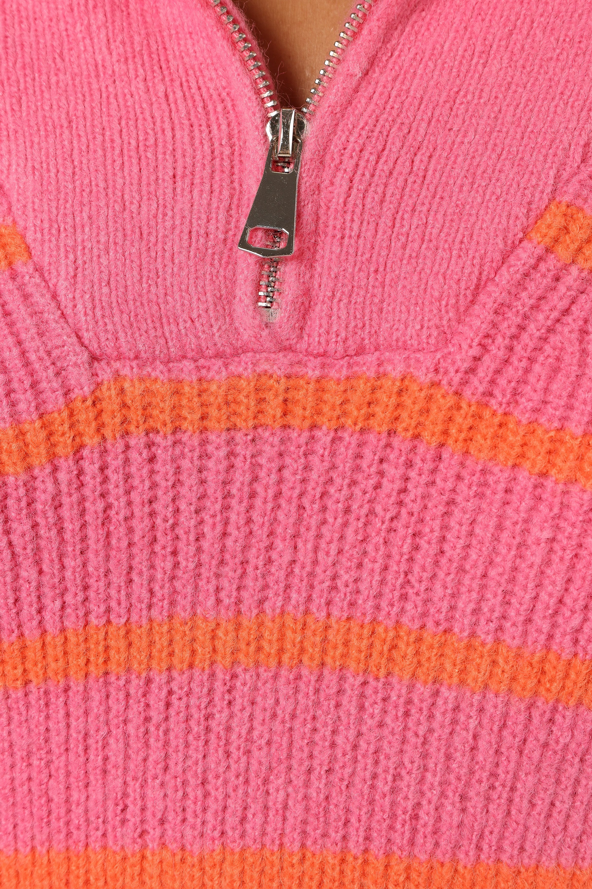 KNITWEAR @Everleigh Quarter Zip Striped Knit Sweater - Pink