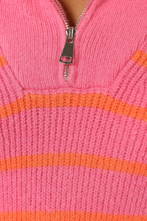 KNITWEAR @Everleigh Quarter Zip Striped Knit Sweater - Pink