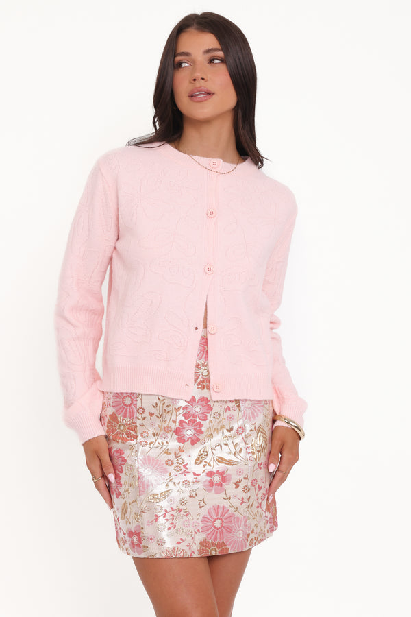 KNITWEAR @Fauna Tonal Floral Cardigan - Pink