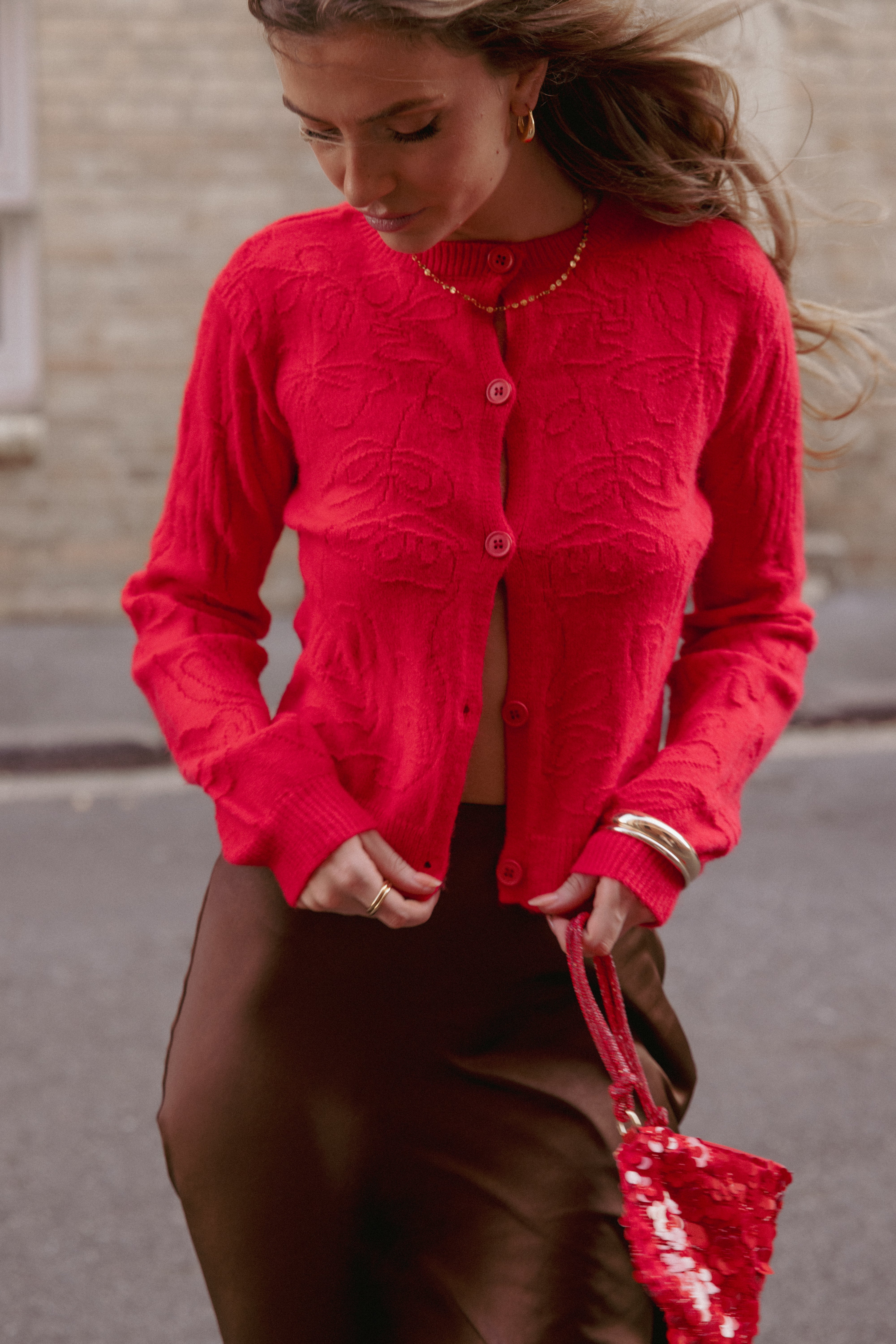 KNITWEAR Fauna Tonal Floral Cardigan - Red