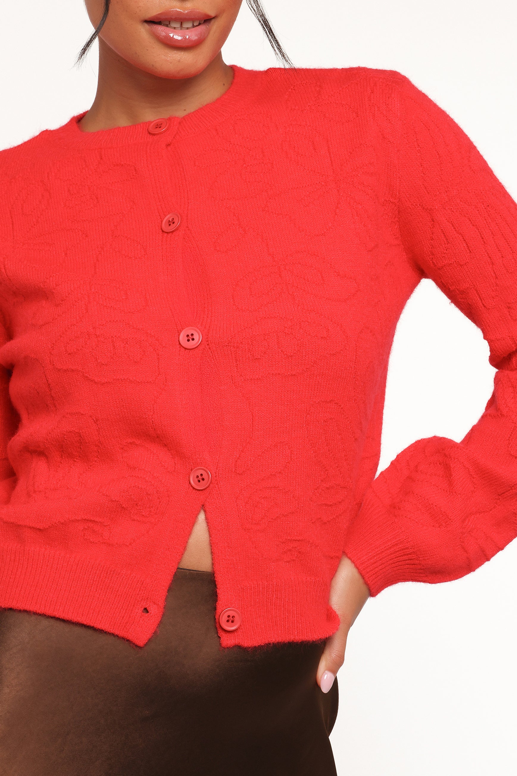 KNITWEAR Fauna Tonal Floral Cardigan - Red