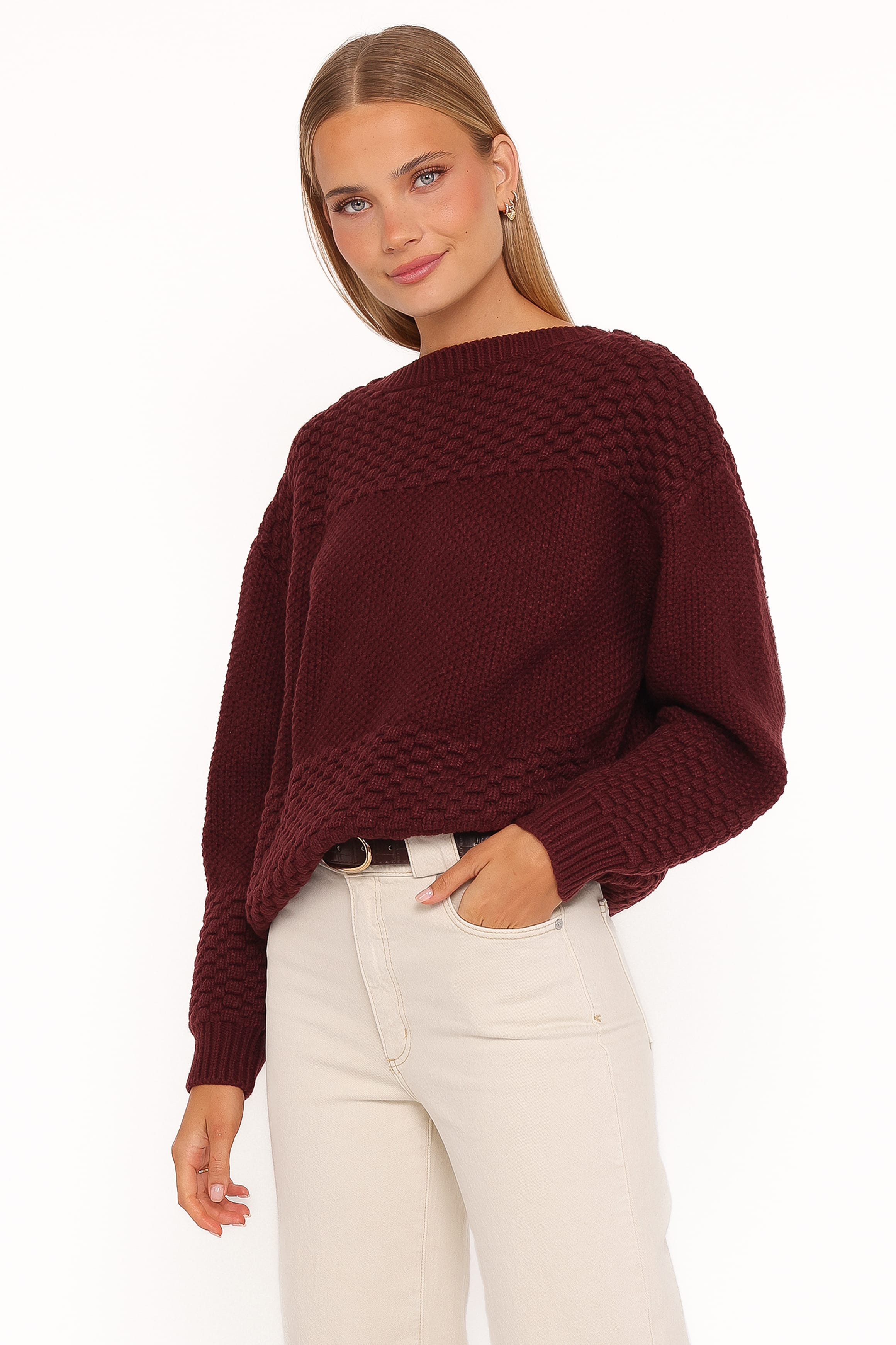 KNITWEAR Fiora Waffle Stitch Sweater - Burgundy