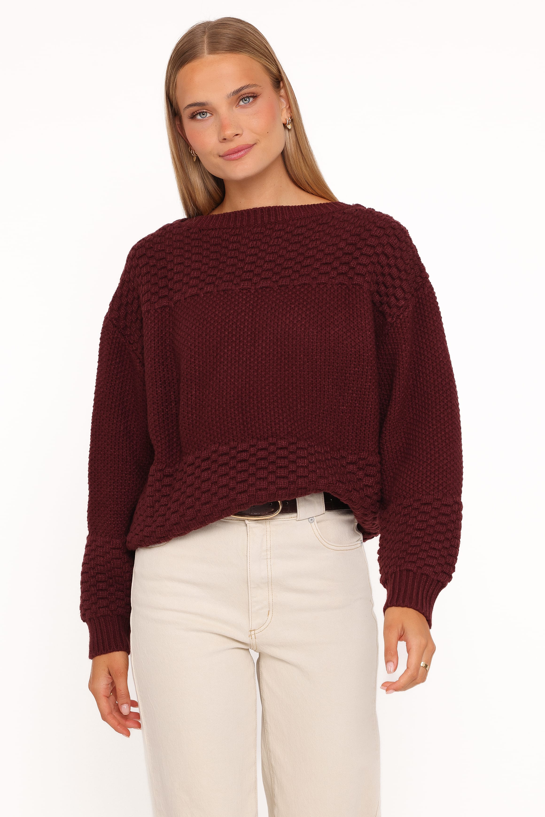 KNITWEAR Fiora Waffle Stitch Sweater - Burgundy