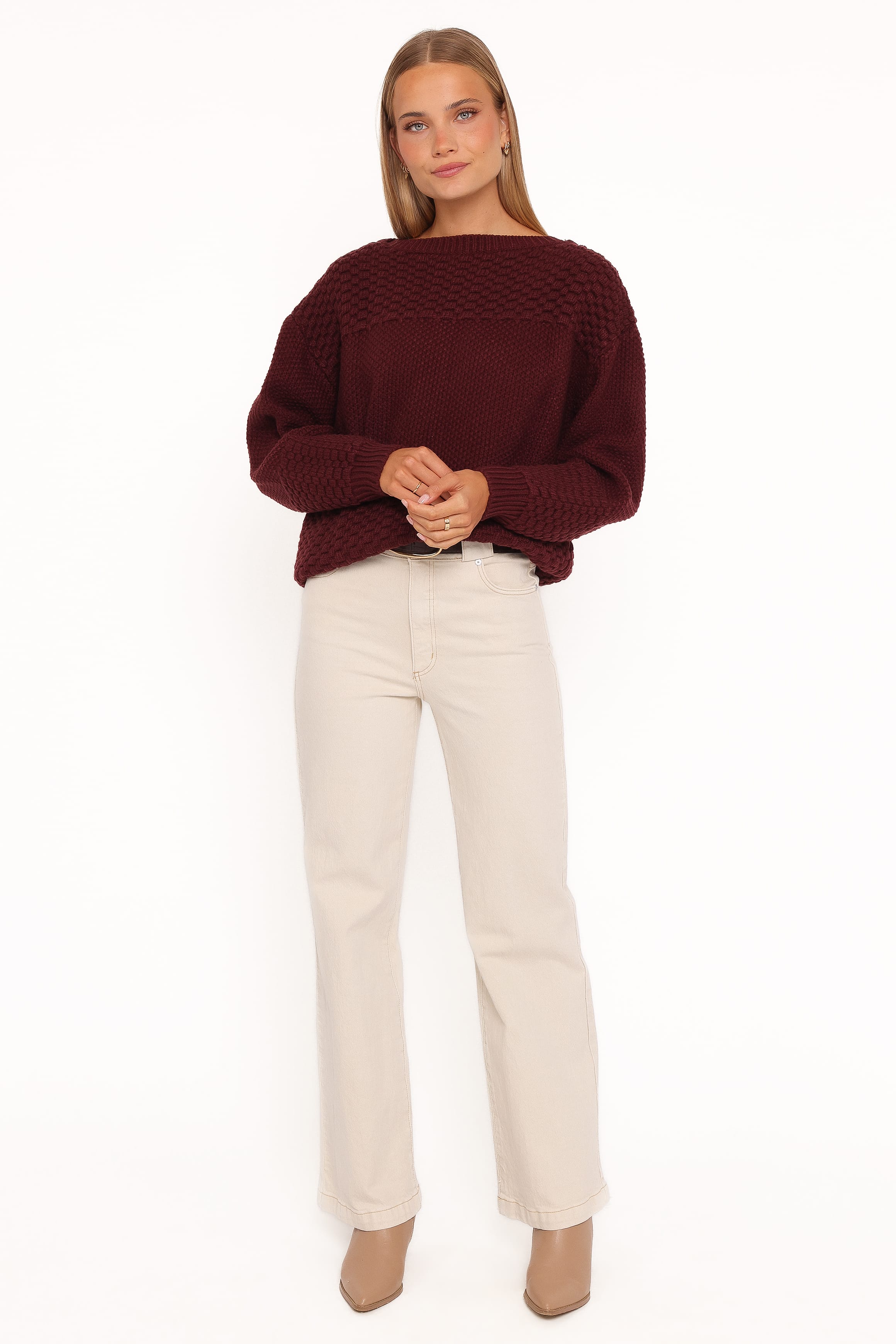 KNITWEAR Fiora Waffle Stitch Sweater - Burgundy