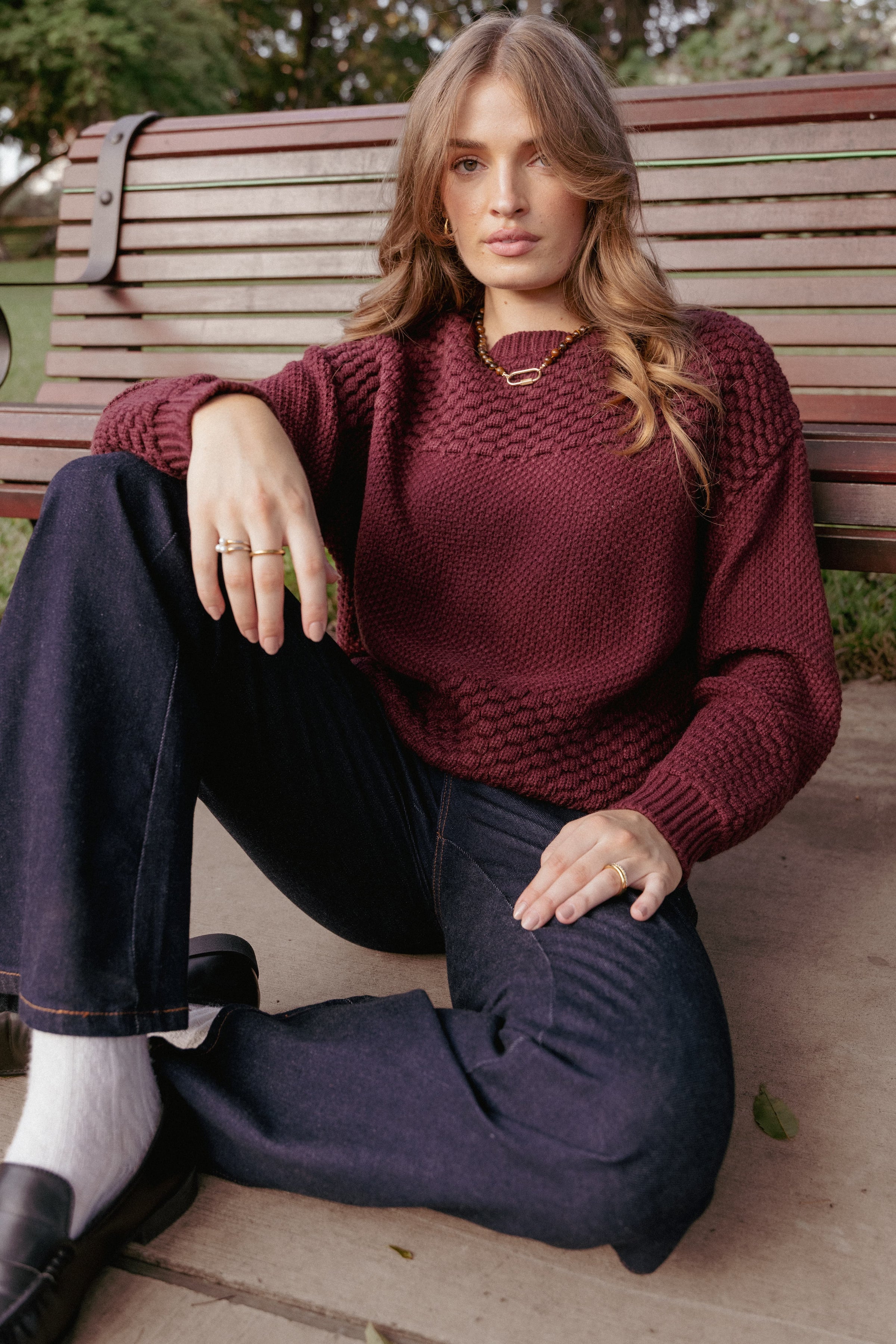 KNITWEAR Fiora Waffle Stitch Sweater - Burgundy