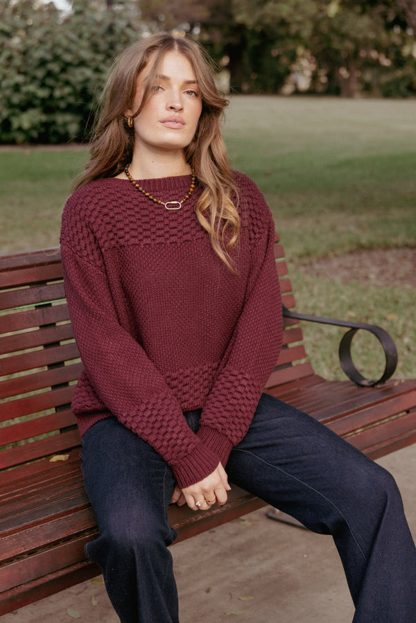 KNITWEAR Fiora Waffle Stitch Sweater - Burgundy