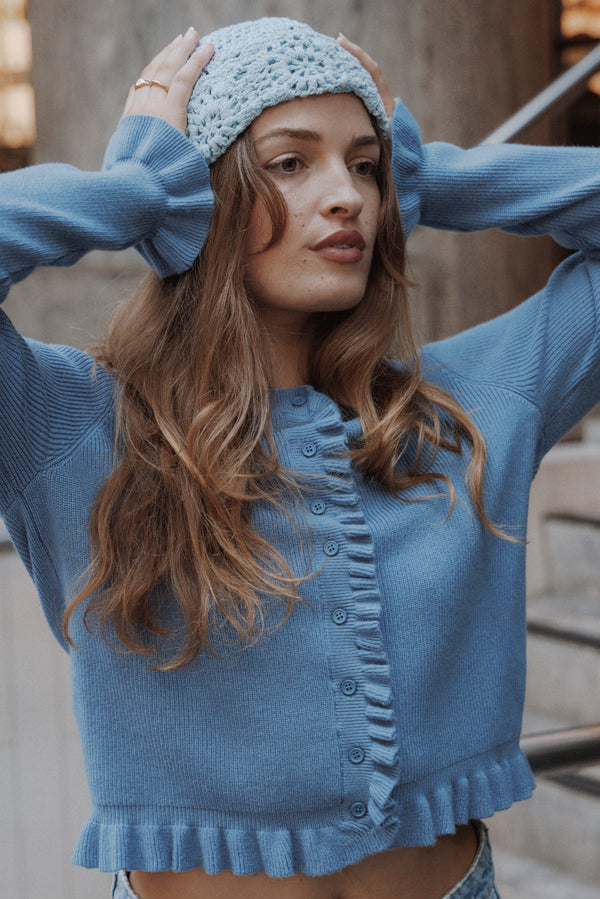 KNITWEAR Fiori Frill Cardigan - Denim Blue