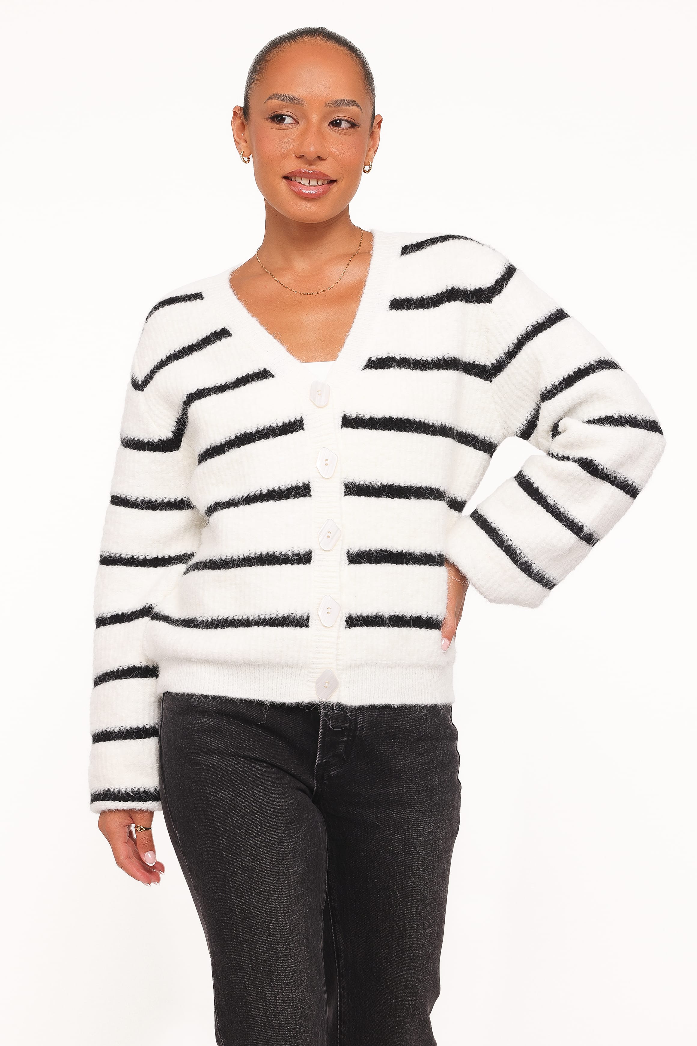 KNITWEAR Frances Button Front Cardigan - Ivory Stripe