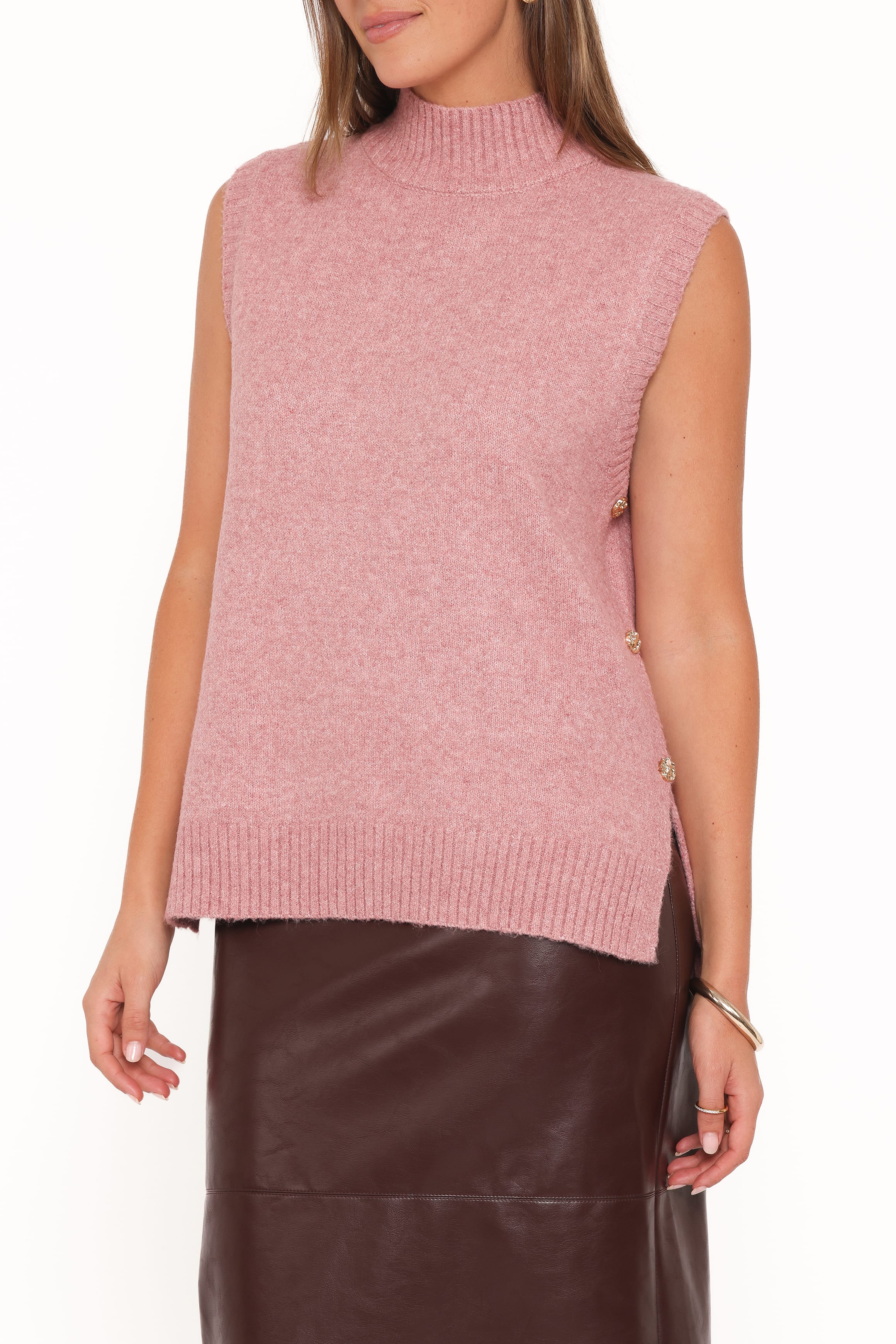 KNITWEAR Freydis Side Button Sweater Top - Rose