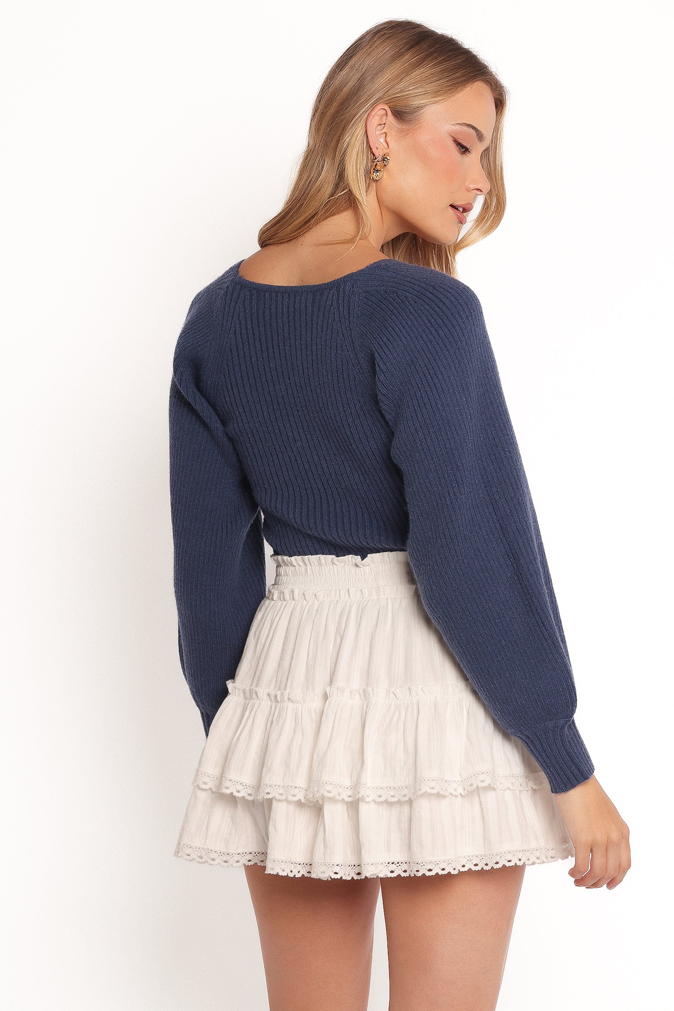 KNITWEAR Gia Sweetheart Neck Bell Sleeve Knit Sweater - Navy