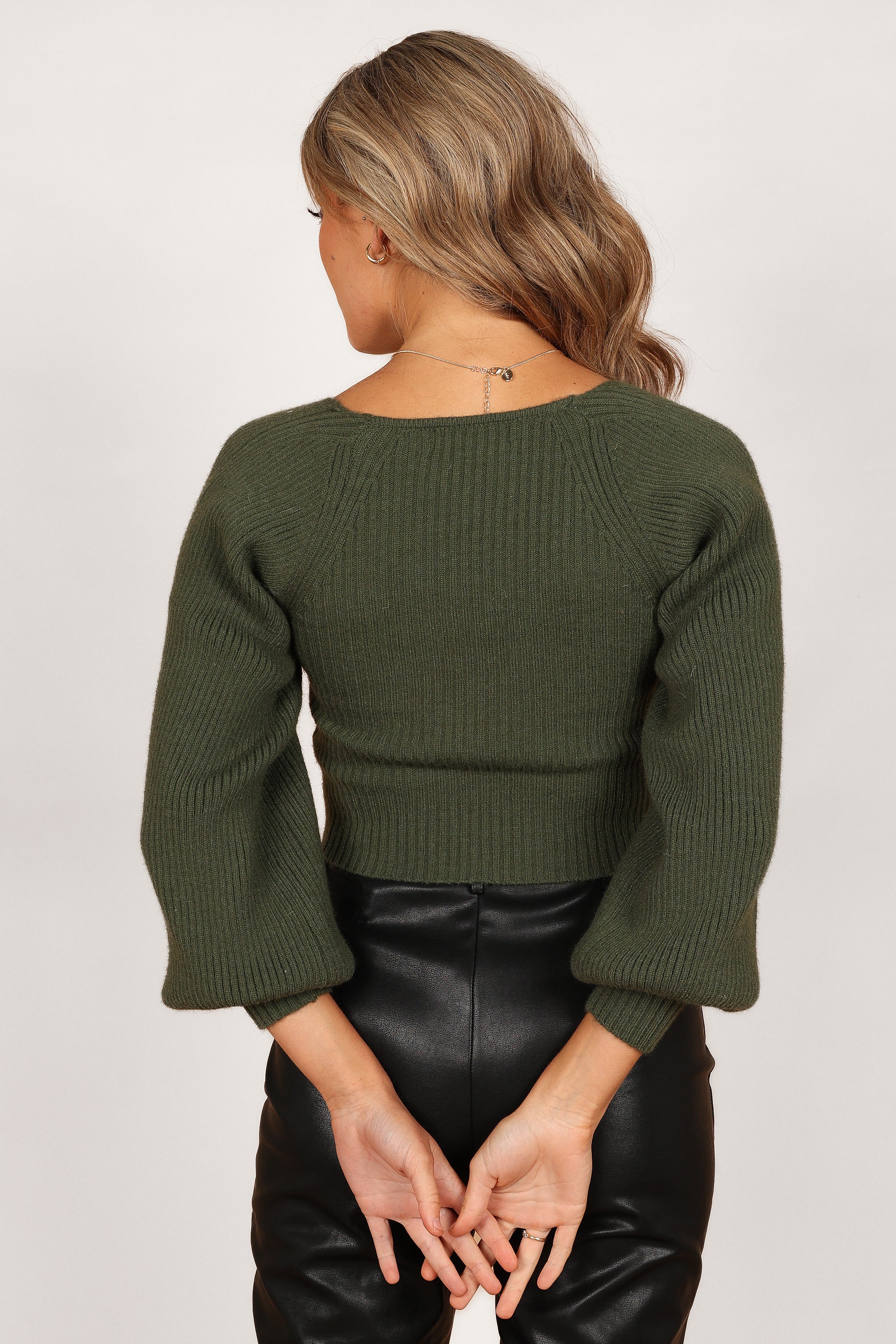 KNITWEAR Gia Sweetheart Neck Bell Sleeve Knit Sweater - Olive