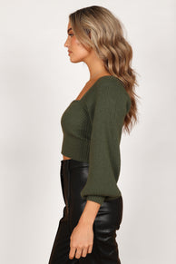 KNITWEAR Gia Sweetheart Neck Bell Sleeve Knit Sweater - Olive