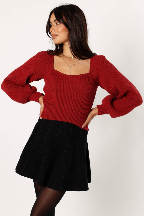 KNITWEAR Gia Sweetheart Neck Bell Sleeve Knit Sweater - Wine
