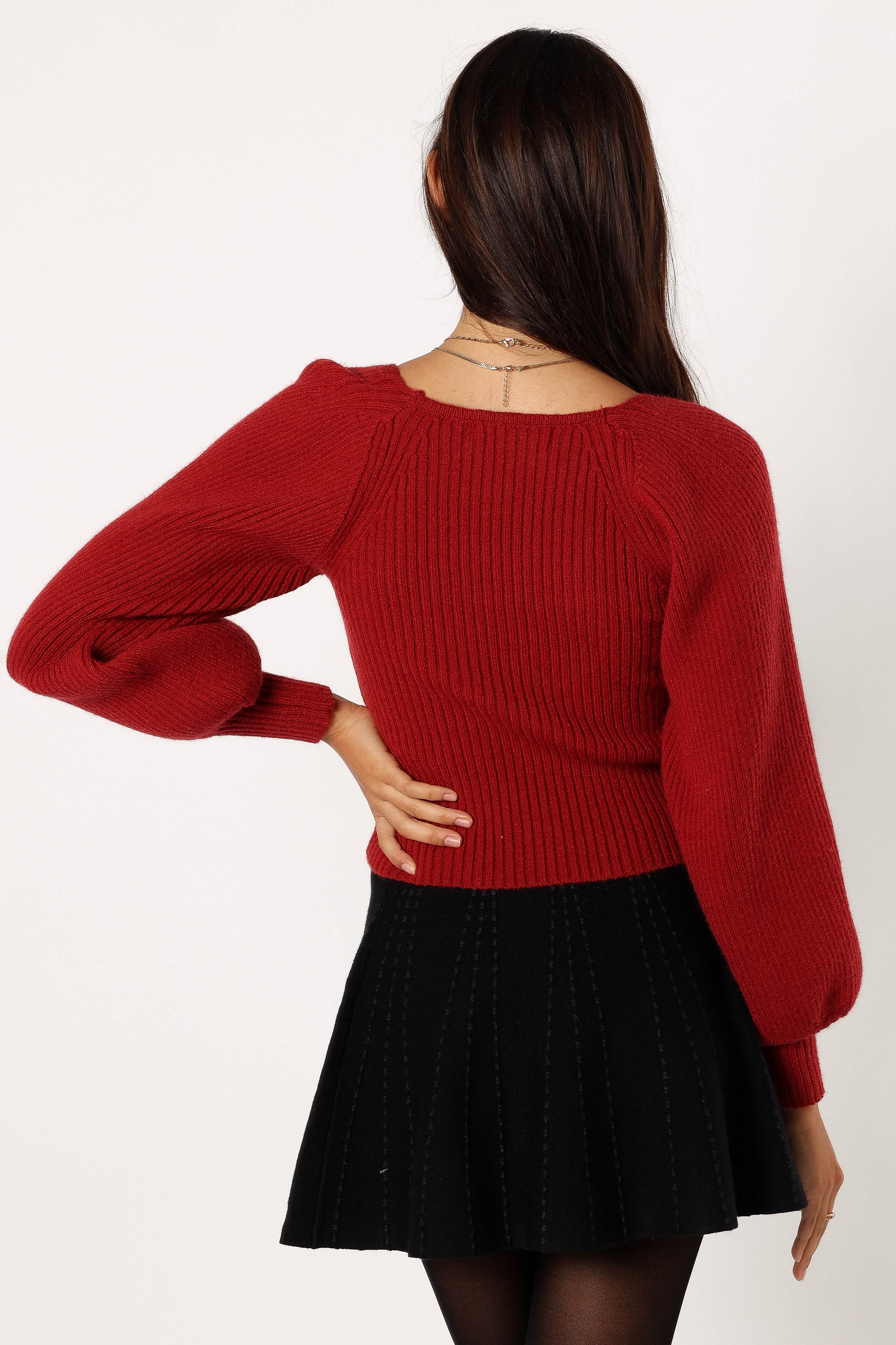 KNITWEAR @Gia Sweetheart Neck Bell Sleeve Knit Sweater - Wine