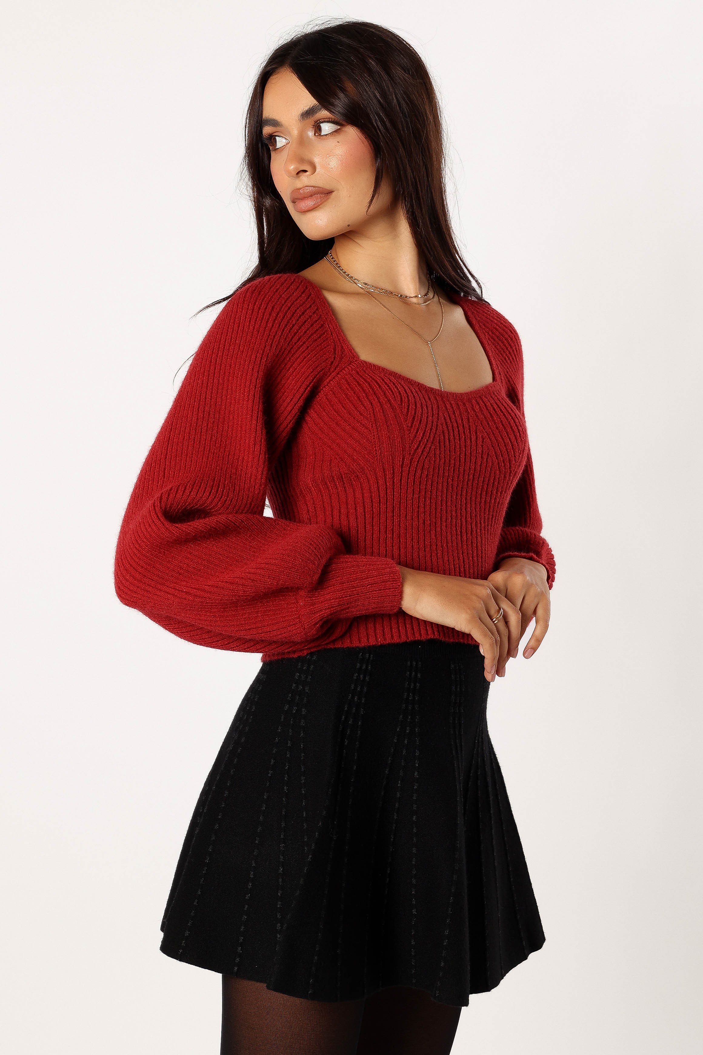 KNITWEAR @Gia Sweetheart Neck Bell Sleeve Knit Sweater - Wine