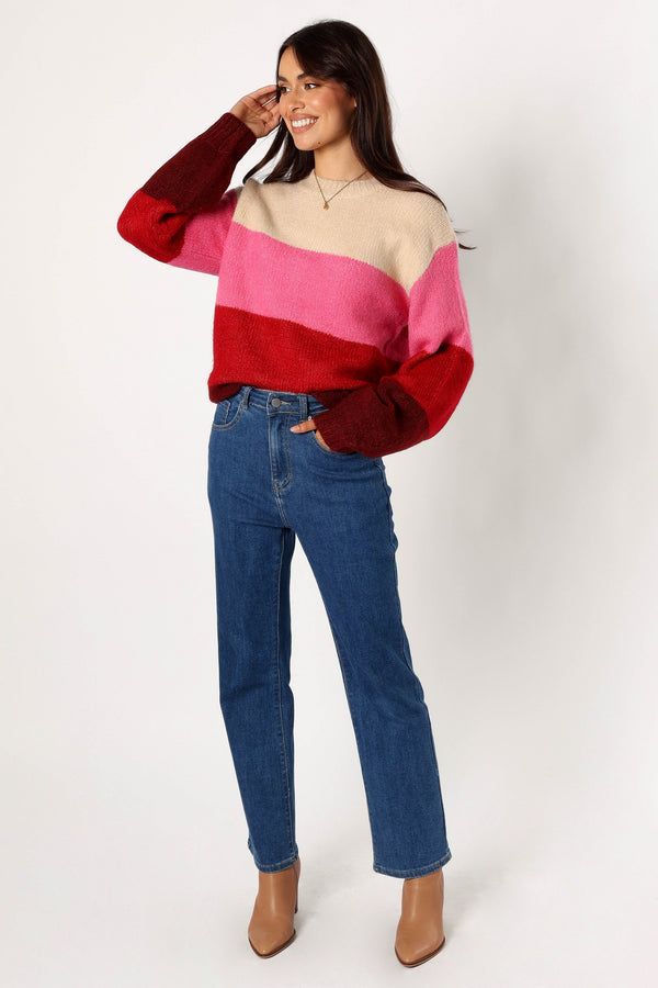 KNITWEAR @Giovanna Crewneck Multi Stripe Knit Sweater - Berry