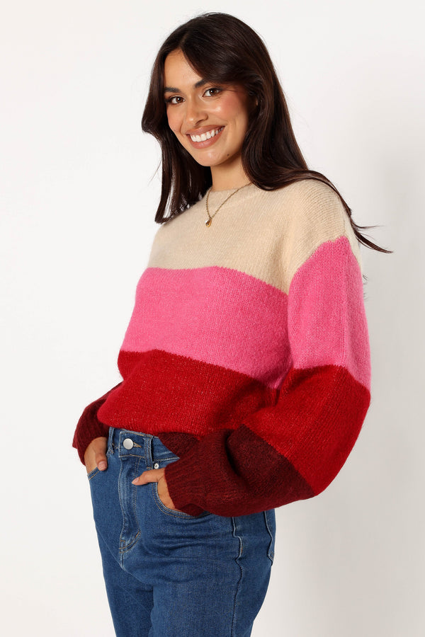 KNITWEAR @Giovanna Crewneck Multi Stripe Knit Sweater - Berry