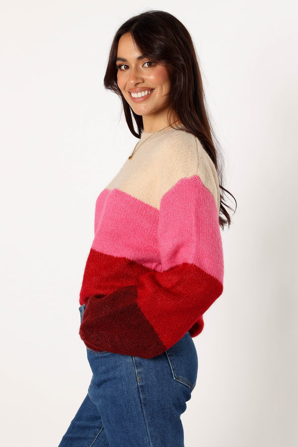 KNITWEAR @Giovanna Crewneck Multi Stripe Knit Sweater - Berry