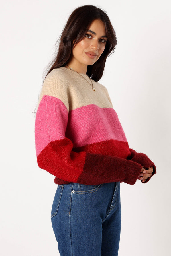 KNITWEAR @Giovanna Crewneck Multi Stripe Knit Sweater - Berry