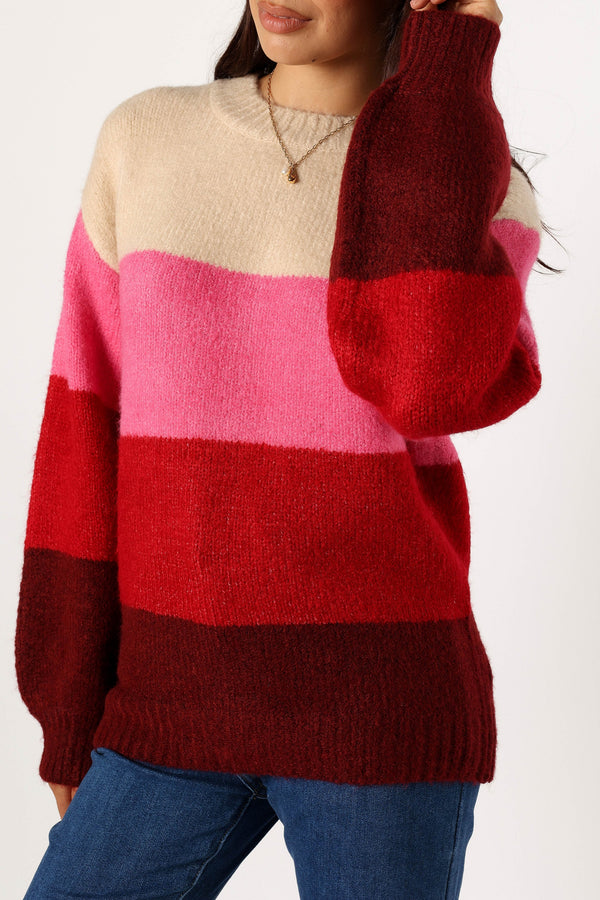 KNITWEAR @Giovanna Crewneck Multi Stripe Knit Sweater - Berry