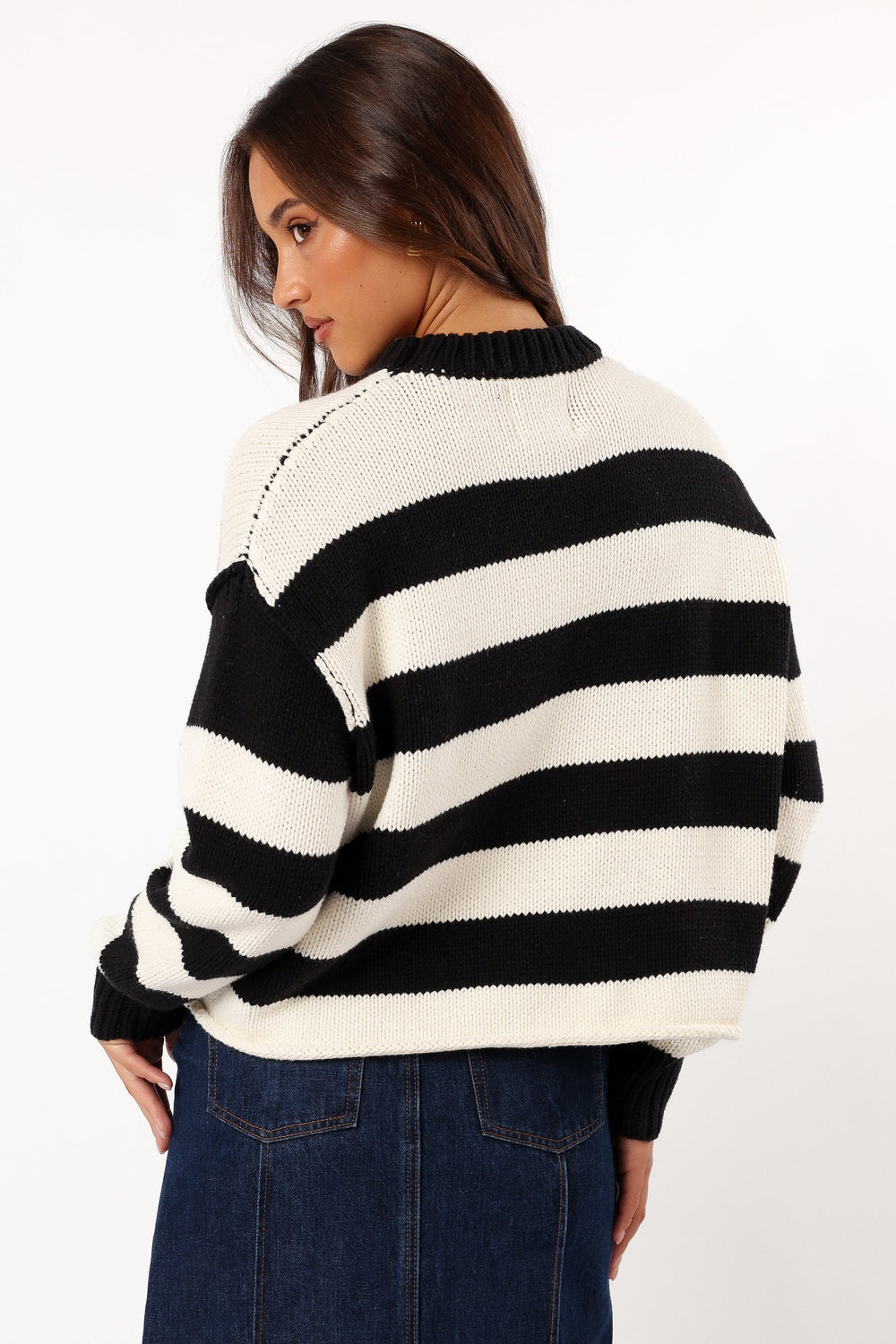 Gretchen Stripe Crewneck Knit Sweater - Black - Petal & Pup