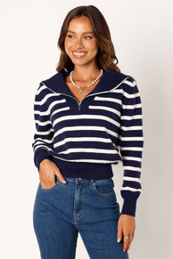 KNITWEAR @Guinevere Striped Quarter Zip - Navy White