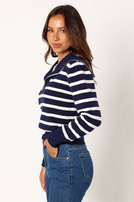KNITWEAR @Guinevere Striped Quarter Zip - Navy White