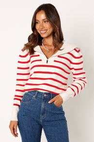 KNITWEAR @Guinevere Striped Quarter Zip - White Red