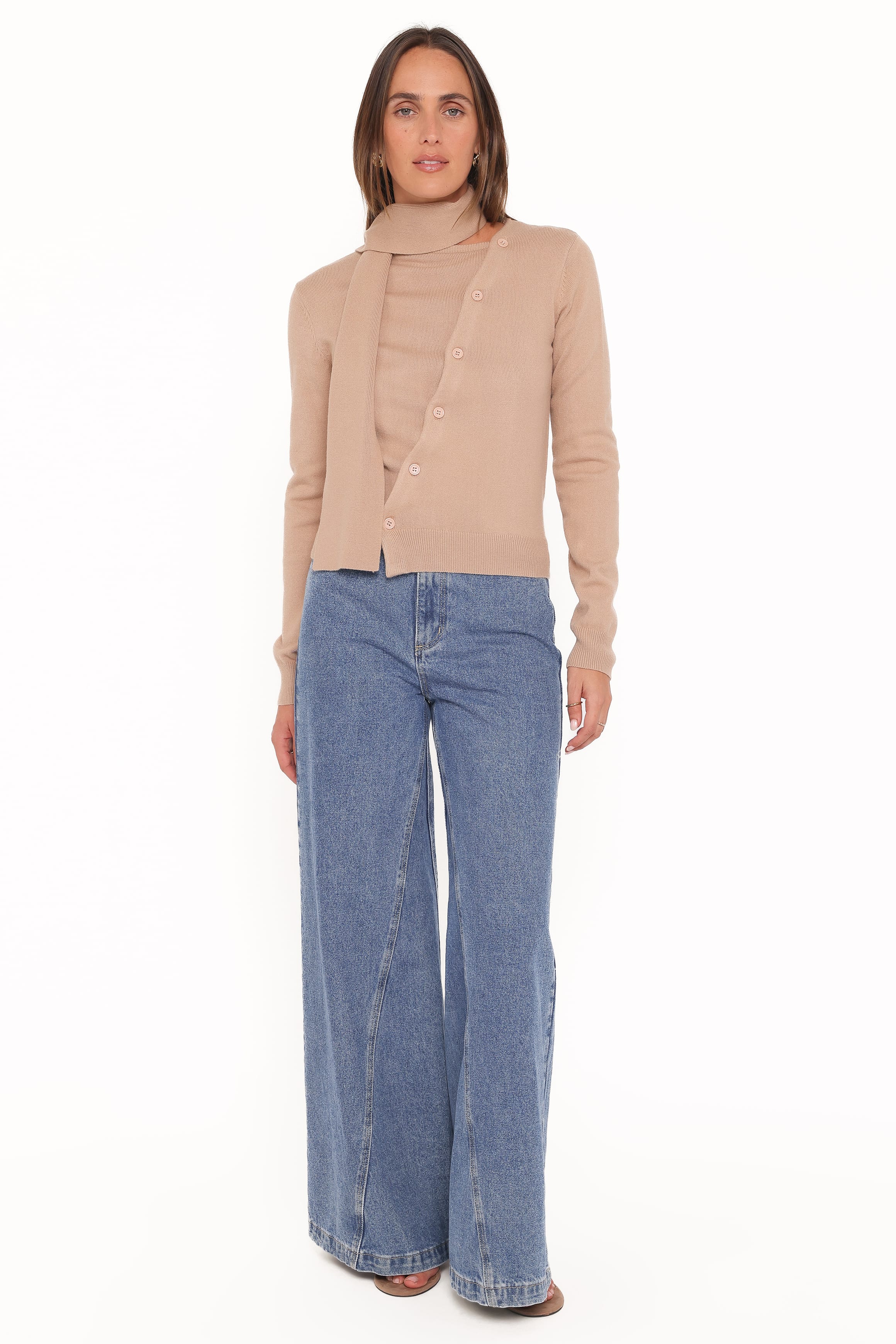 KNITWEAR Gunhild Asymmetrical Scarf Cardigan - Beige