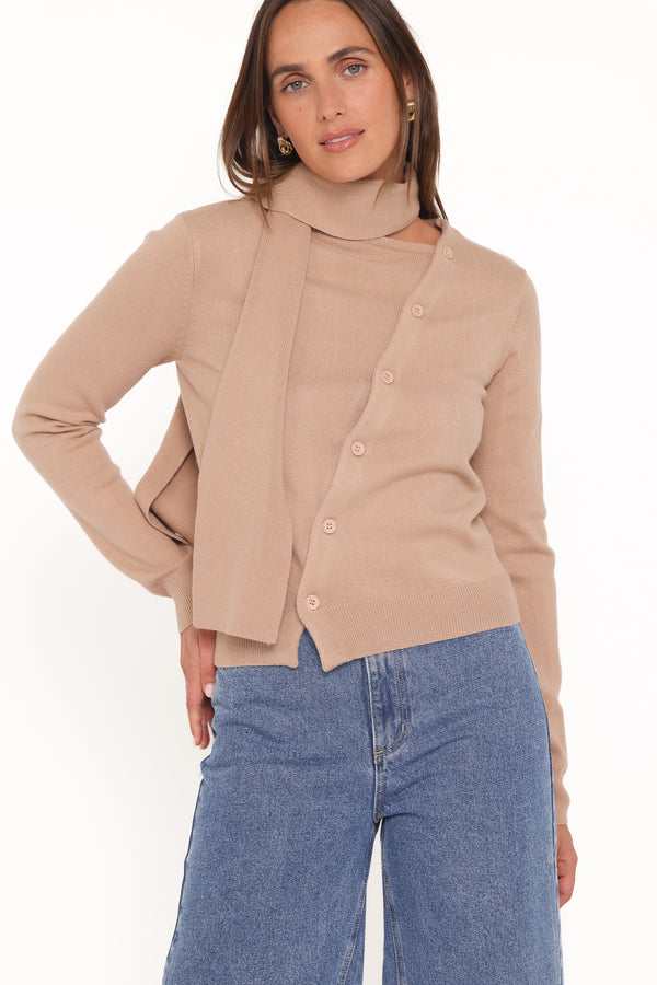 KNITWEAR Gunhild Asymmetrical Scarf Cardigan - Beige
