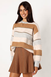 KNITWEAR @Hadleigh Shimmer Multi Stripe Knit Sweater - Cream/Camel