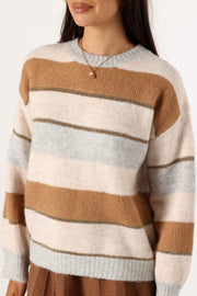 KNITWEAR @Hadleigh Shimmer Multi Stripe Knit Sweater - Cream/Camel