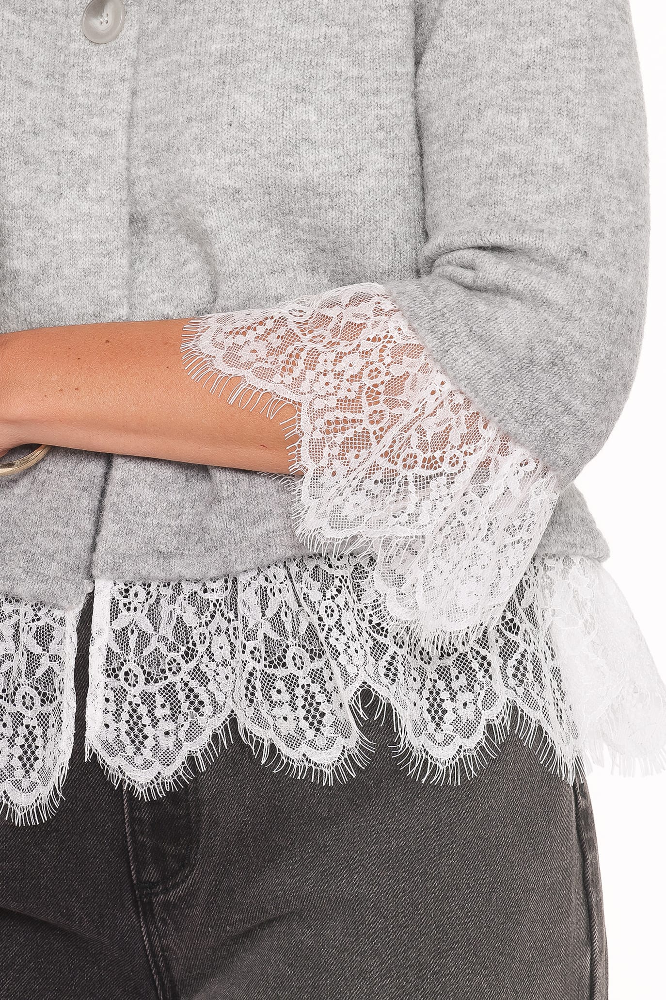 KNITWEAR Helga Lace Trim Cardigan - Grey