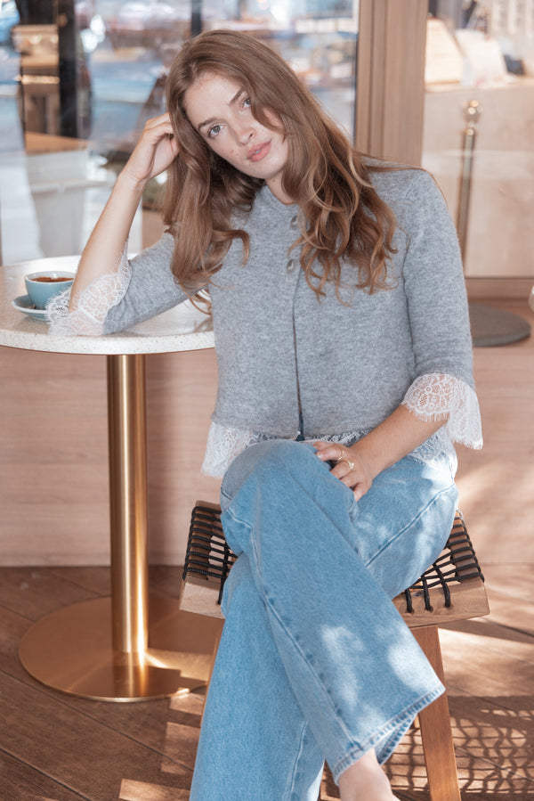 KNITWEAR Helga Lace Trim Cardigan - Grey