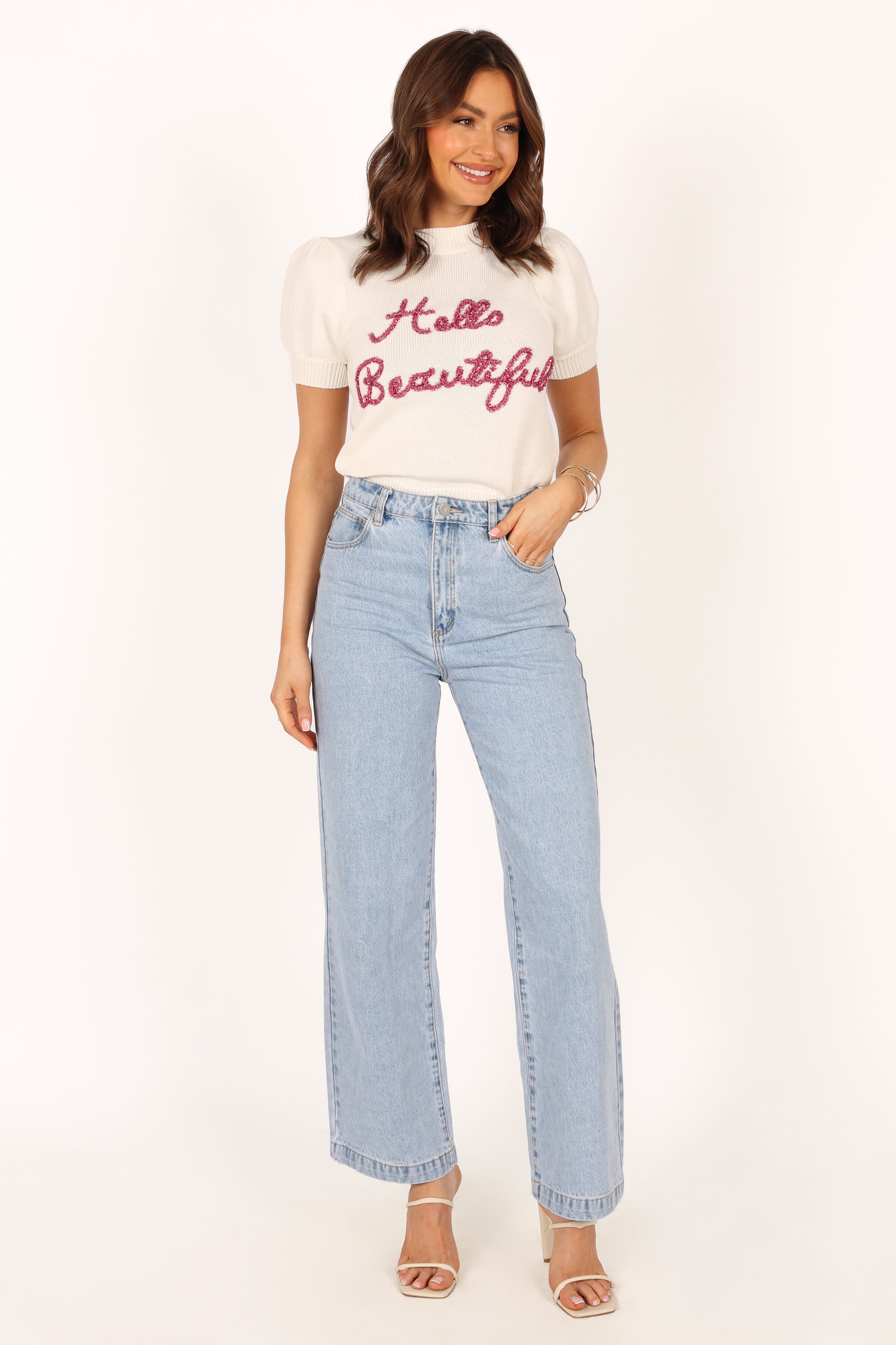 KNITWEAR @Hello Beautiful Short Sleeve Knit Sweater - White