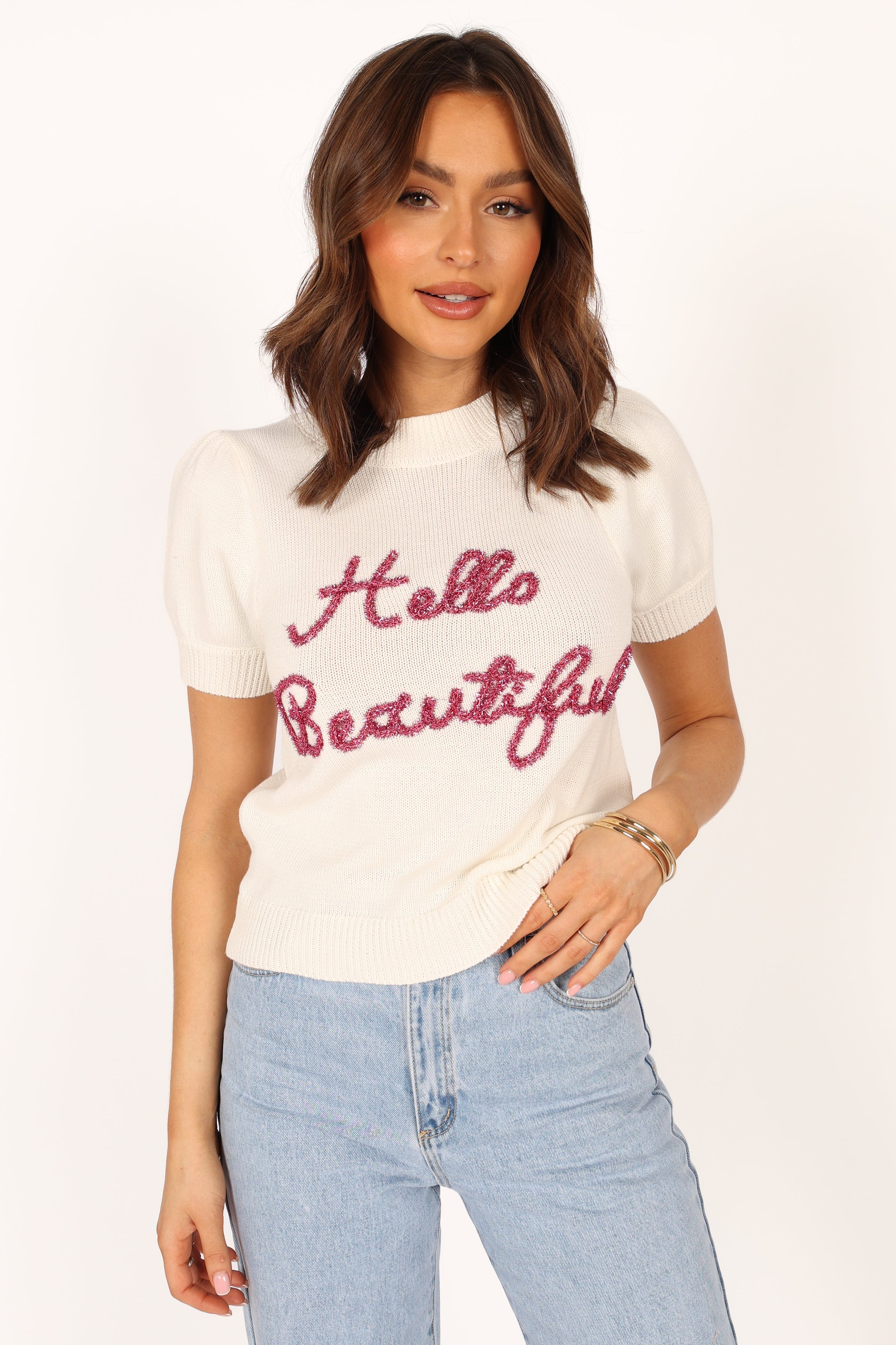 KNITWEAR @Hello Beautiful Short Sleeve Knit Sweater - White