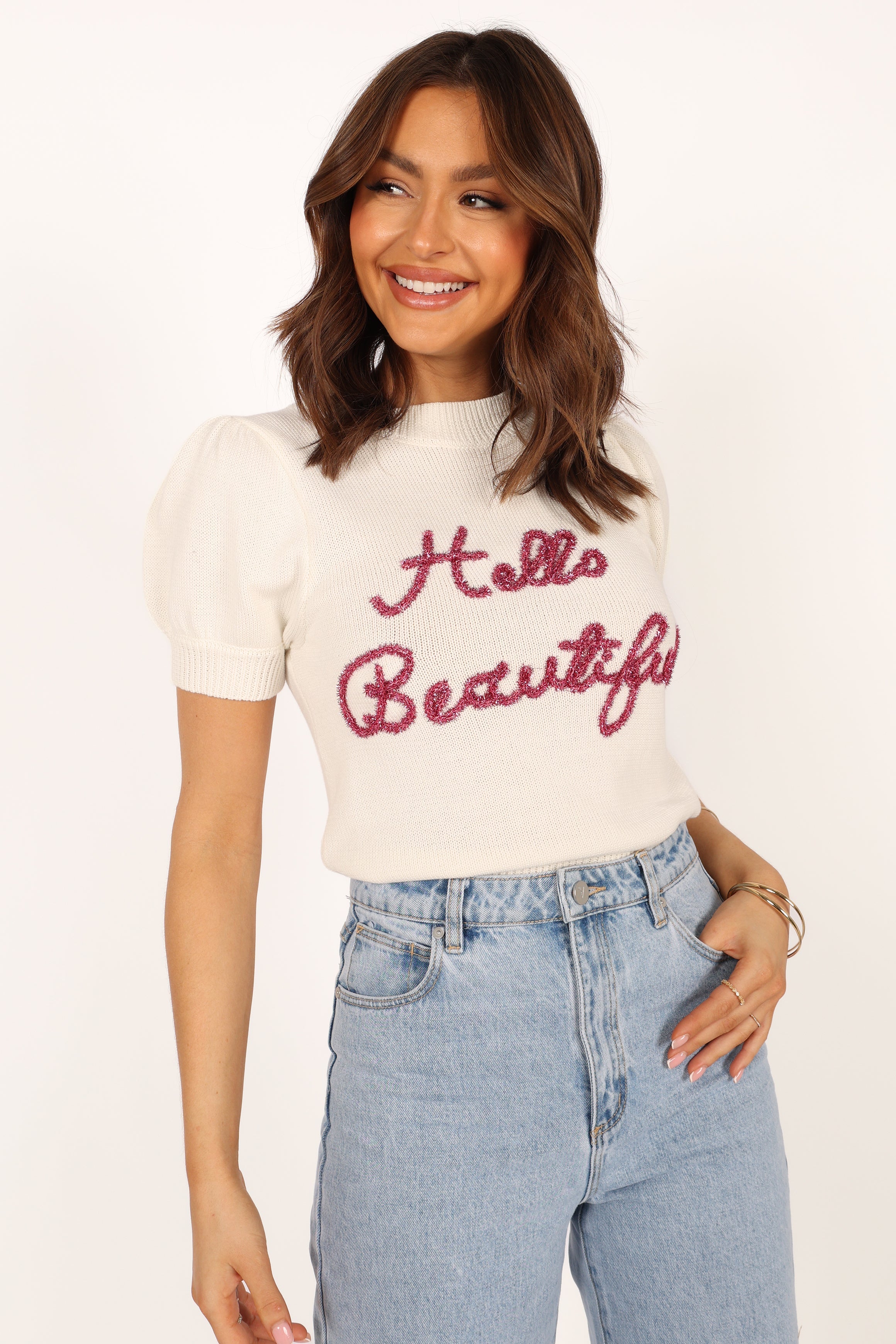 KNITWEAR @Hello Beautiful Short Sleeve Knit Sweater - White