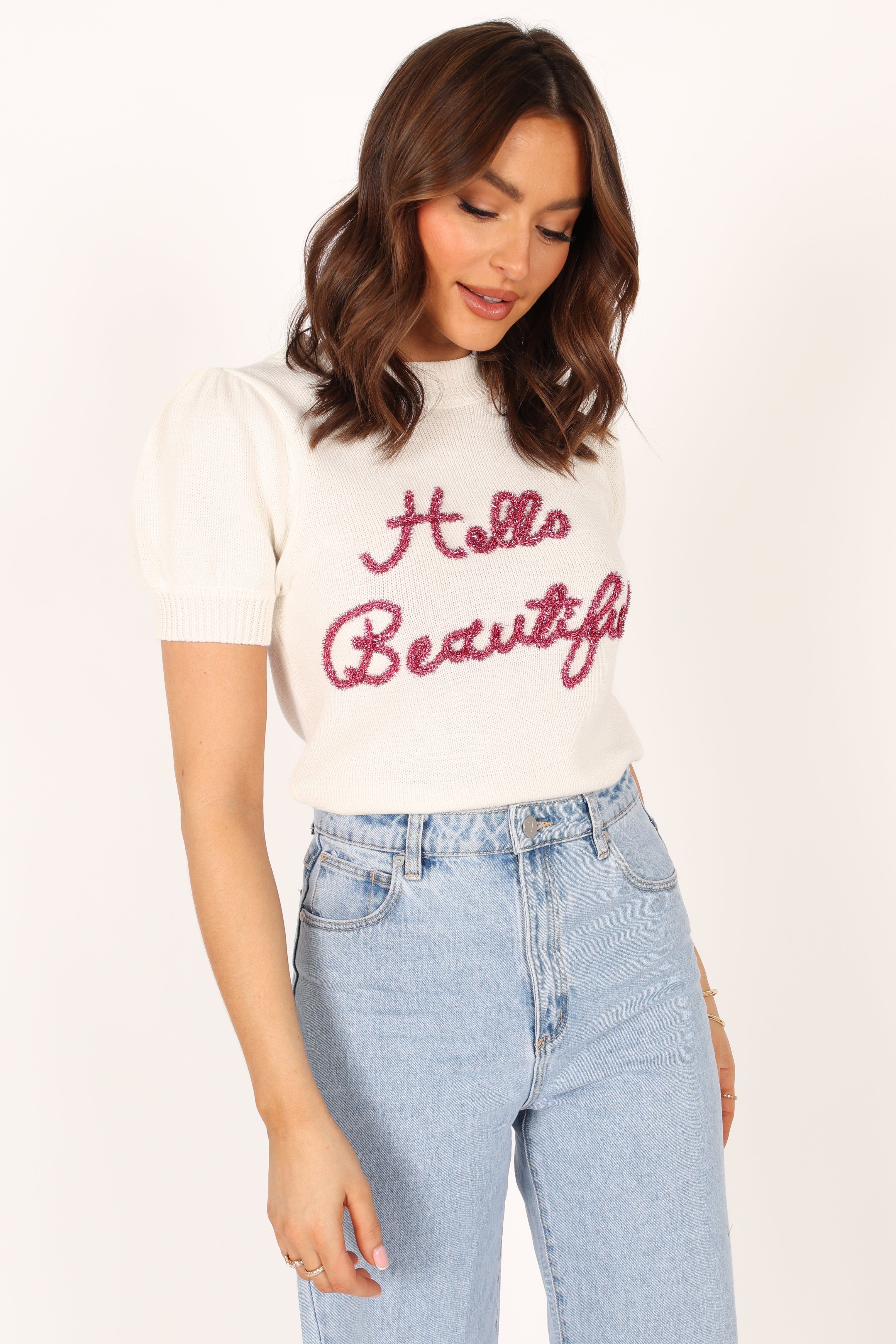 KNITWEAR @Hello Beautiful Short Sleeve Knit Sweater - White